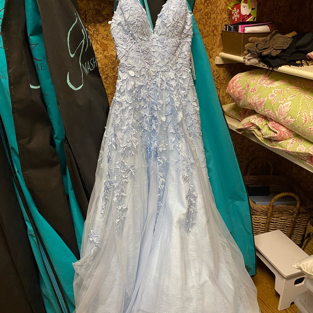 Sherri Hill Light Blue Floral Lace Prom Dress